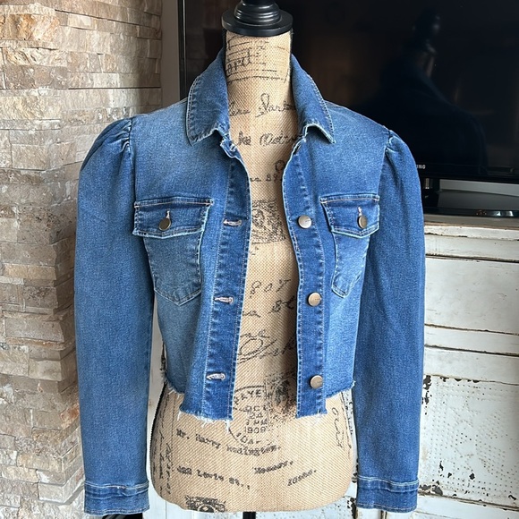 tgla puff long sleeve blue denim jacket shirt cropped raw hem stretch - Picture 5 of 16